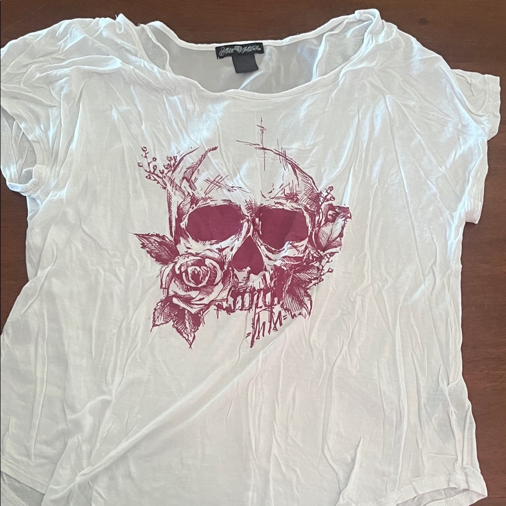 Metal Mulisha White Tee with Maroon Skull Design